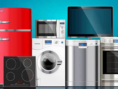 Eine Reihe von Küchengeräten: ein roter Kühlschrank, eine Mikrowelle, eine Waschmaschine, ein Geschirrspüler, ein Kochfeld und ein Backofen.